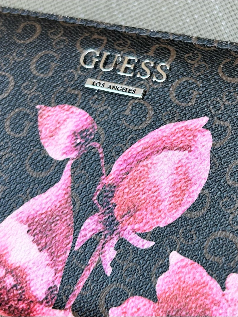 GUESS Los Angeles Monogram Wallet with Pink Floral Print
